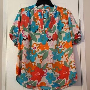 Entro Colorful Floral Blouse - Orange, Blue, Green